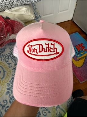 Von Dutch Pink and Red Kids Logo Trucker Hat